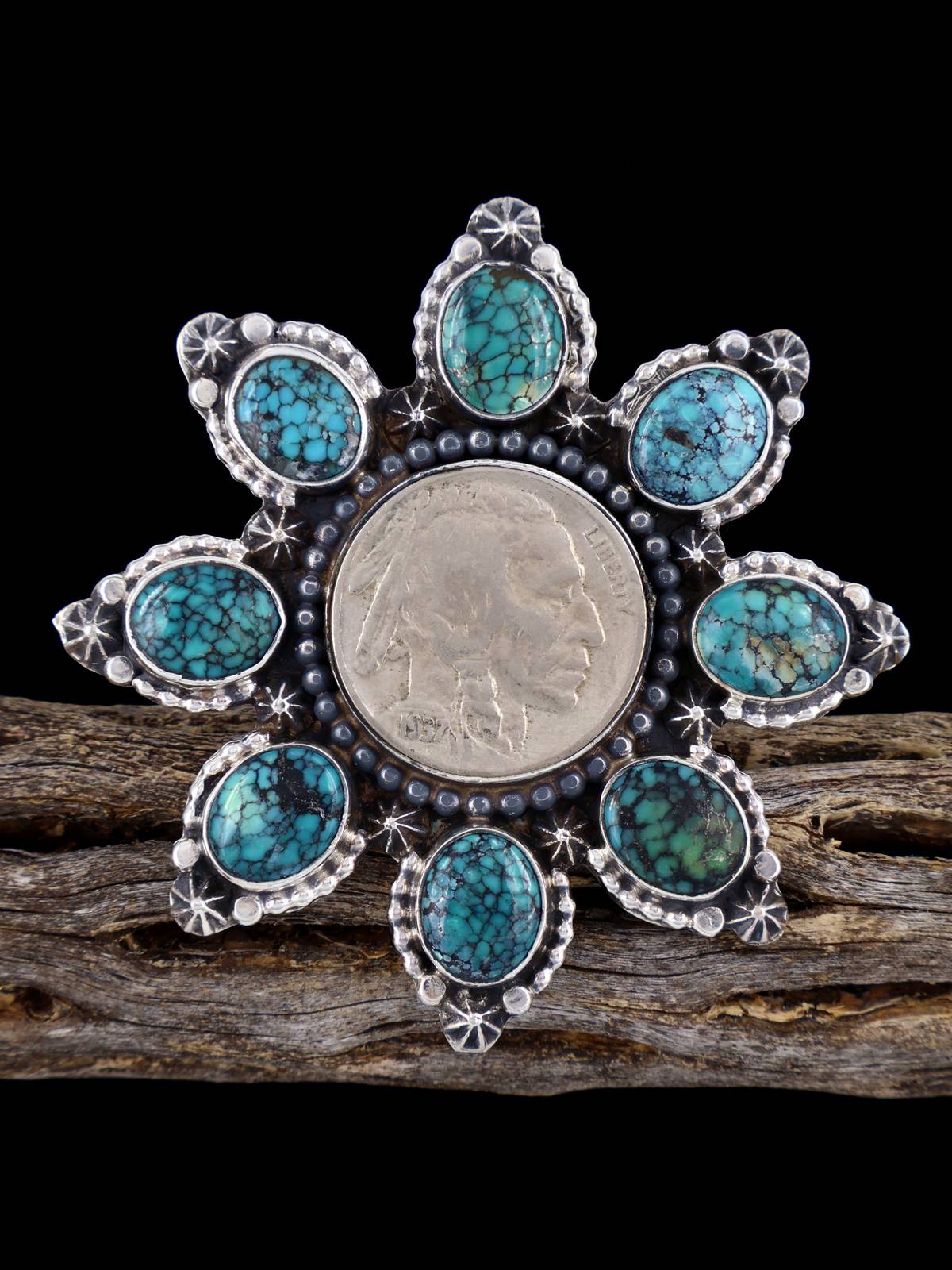 Navajo Cloud Mountain Turquoise Indian Head Nickel Ring, Size 9 3/4 - PuebloDirect.com