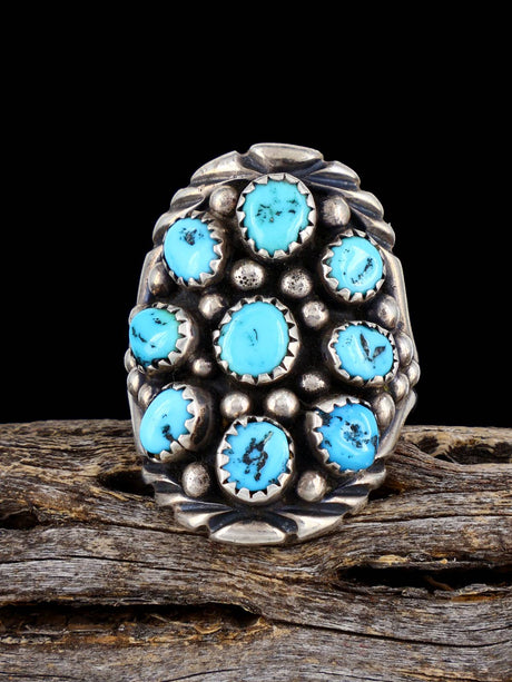 Vintage Native American Sterling Silver Turquoise Cluster Ring, Size 8.5 - PuebloDirect.com