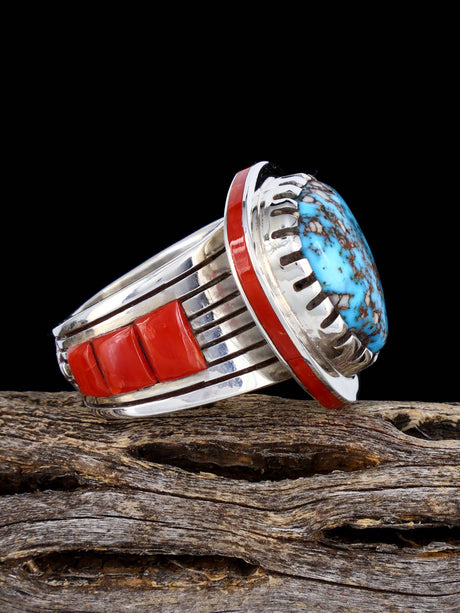 Navajo Sterling Silver Tuquoise and Coral Inlay Ring, Size 9 - PuebloDirect.com