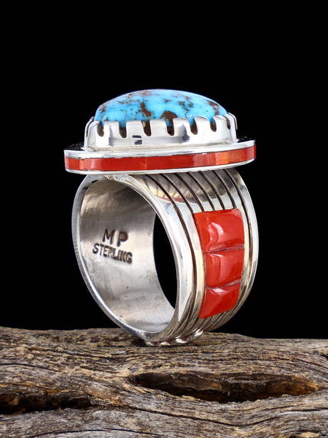 Navajo Sterling Silver Tuquoise and Coral Inlay Ring, Size 9 - PuebloDirect.com