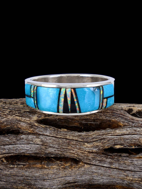 Navajo Turquoise and Opalite Inlay Ring, Size 11 - PuebloDirect.com