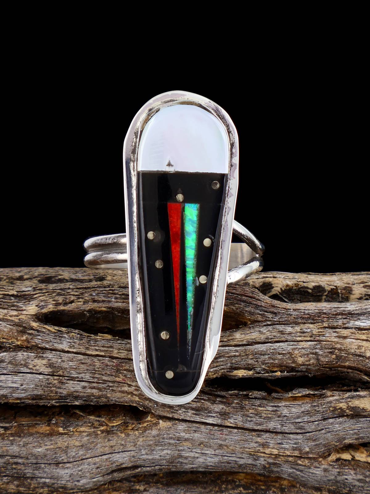 Navajo Multistone Inlay Sterling Silver Adjustable Ring Size 8+ - PuebloDirect.com