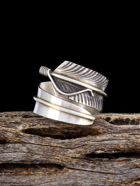Navajo Sterling Silver Feather Ring Adjustable, Size 8+/- - PuebloDirect.com