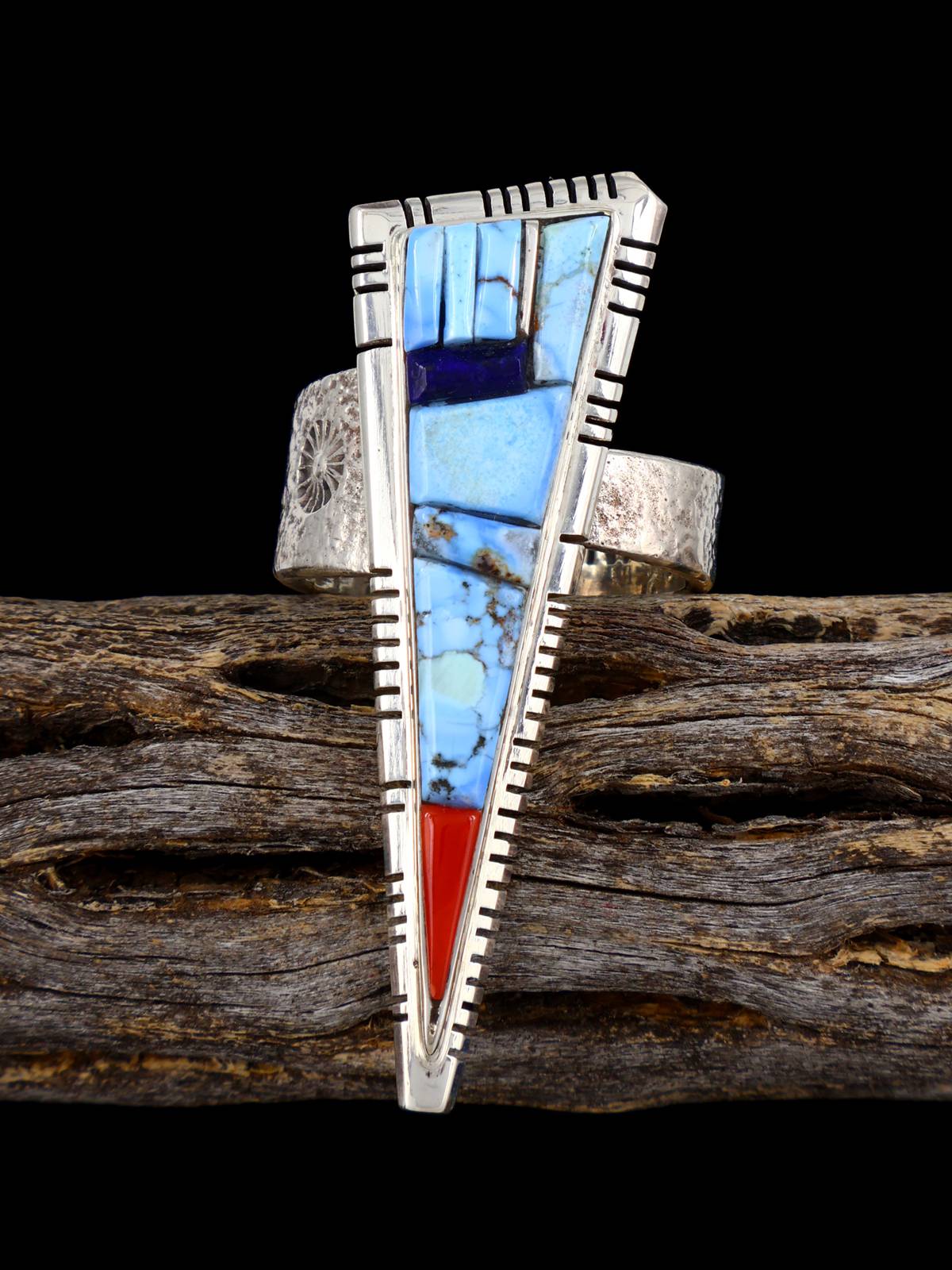 Golden Hill Turquoise, Coral, and Lapis Inlay Sterling Silver Ring, Size 9 - PuebloDirect.com