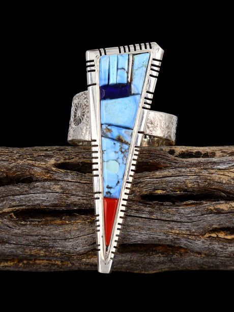 Golden Hill Turquoise, Coral, and Lapis Inlay Sterling Silver Ring, Size 9 - PuebloDirect.com