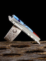 Golden Hill Turquoise, Coral, and Lapis Inlay Sterling Silver Ring, Size 9 - PuebloDirect.com