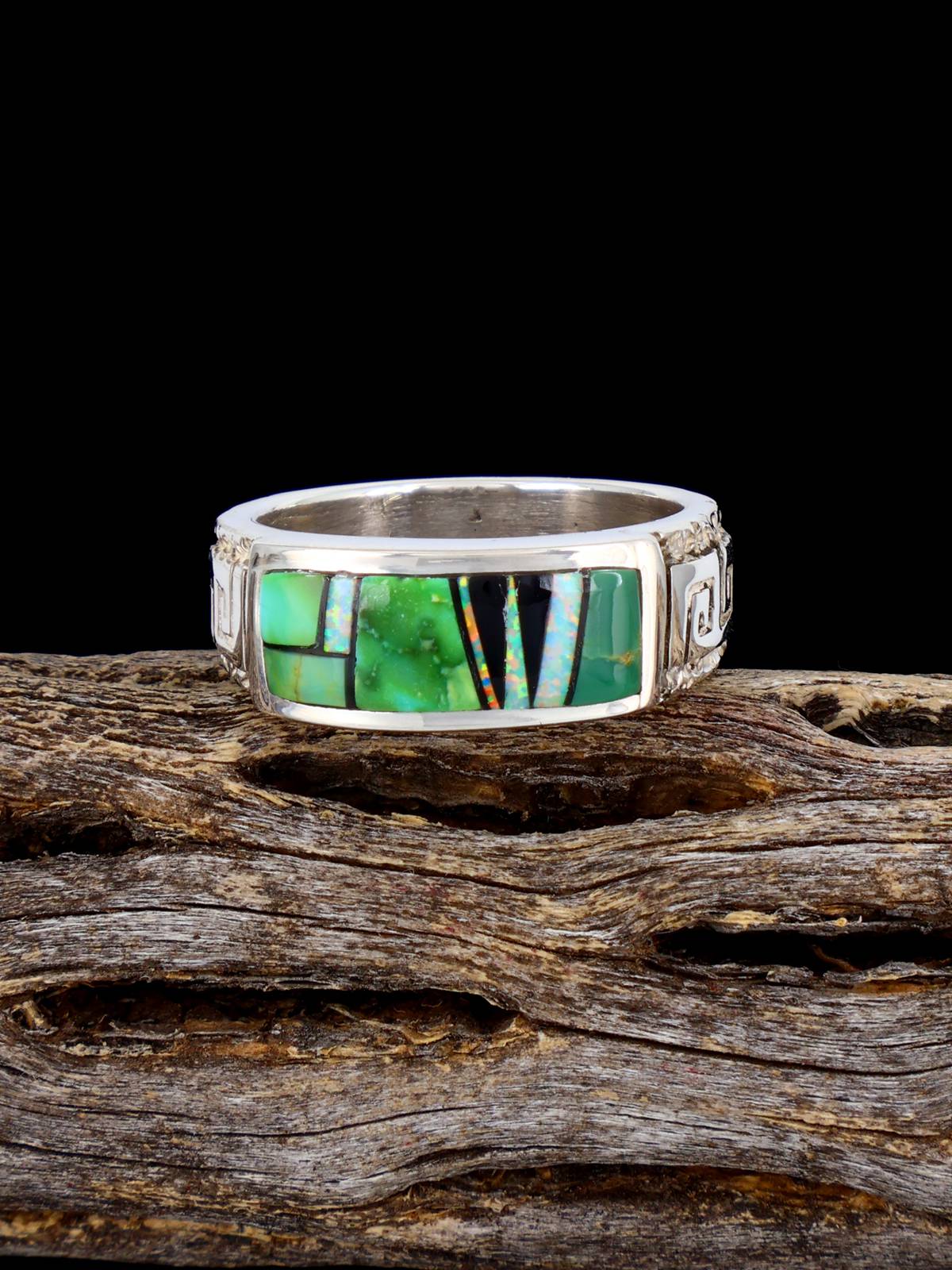 Navajo Sonoran Gold Turquoise Inlay Ring, Size 8 1/2 - PuebloDirect.com