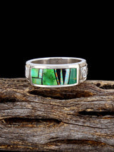 Navajo Sonoran Gold Turquoise Inlay Ring, Size 8 1/2 - PuebloDirect.com