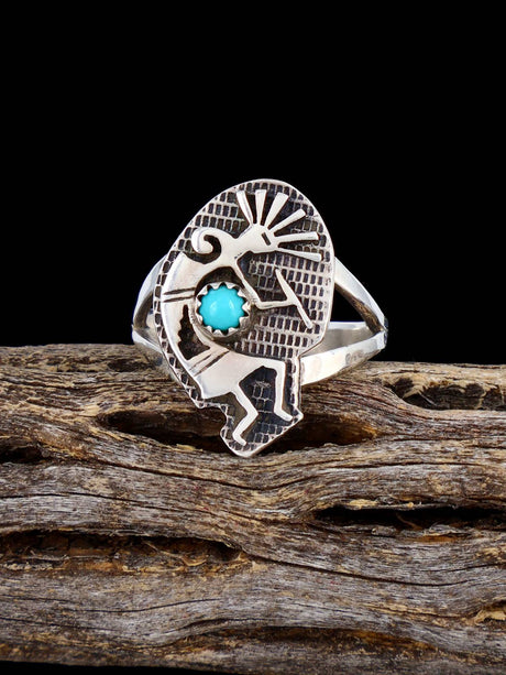 Vintage Native American Sterling Silver Turquoise Kokopelli Ring, Size 9 1/2 - PuebloDirect.com