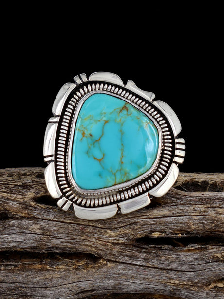 Navajo Sterling Silver Tyrone Turquoise Ring, Size 8 - PuebloDirect.com