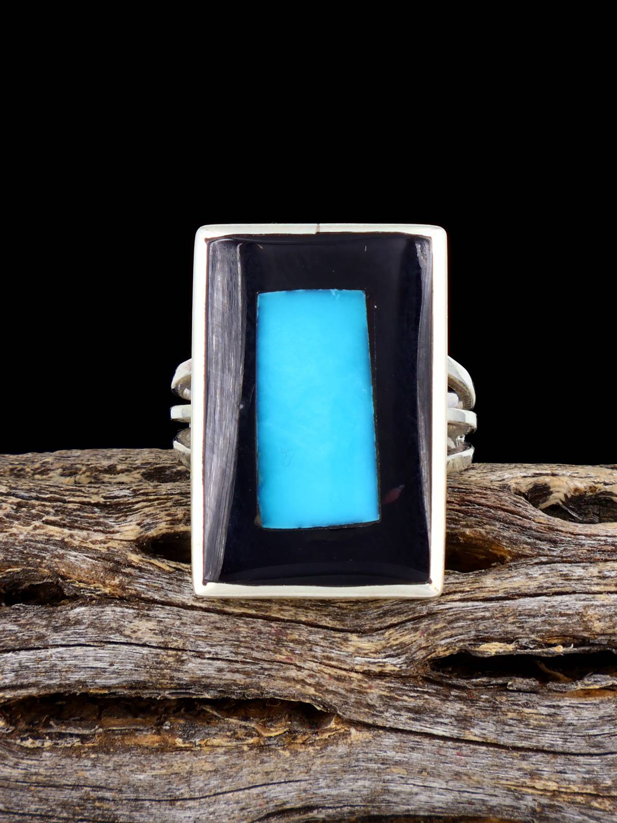 Sterling Silver Zuni Inlay Jet and Turquoise Ring, Size 7 1/2 - PuebloDirect.com