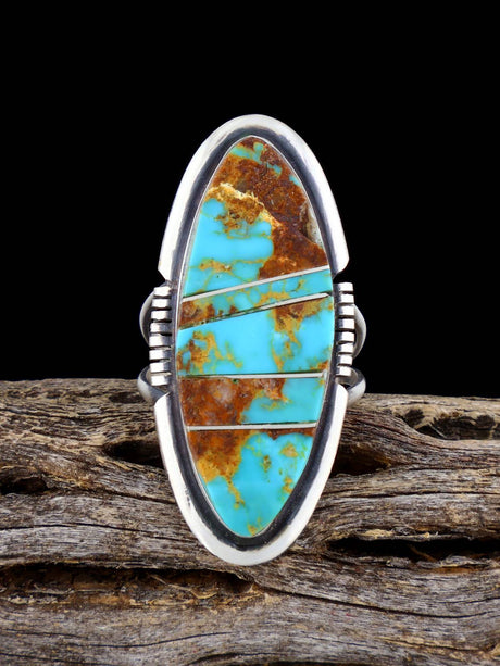 Navajo Turquoise Inlay Ring, Size 7 - PuebloDirect.com