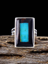 Sterling Silver Zuni Inlay Jet and Turquoise Ring, Size 8 1/2 - PuebloDirect.com