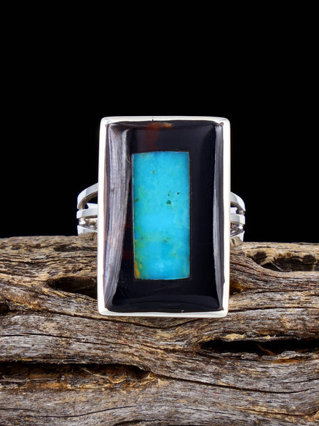Sterling Silver Zuni Inlay Jet and Turquoise Ring, Size 8 1/2 - PuebloDirect.com