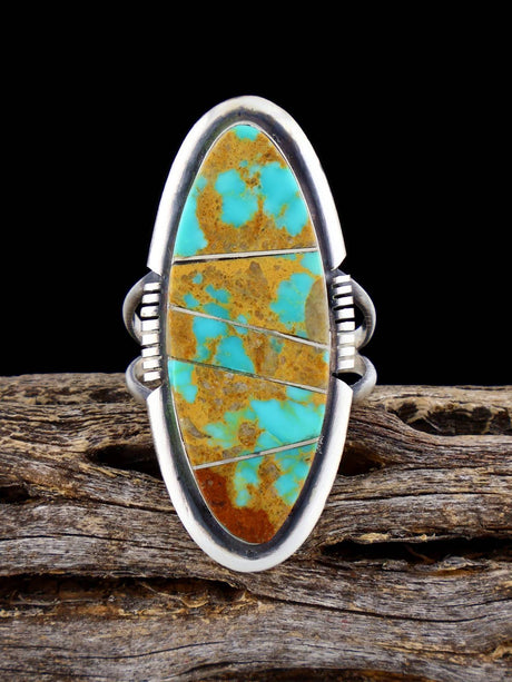 Navajo Turquoise Inlay Ring, Size 8 - PuebloDirect.com