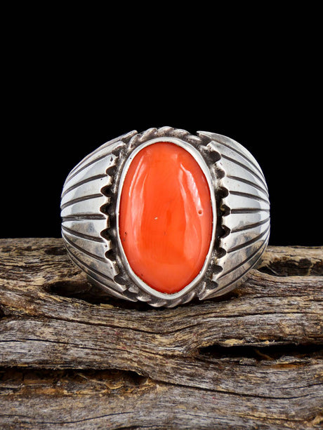 Vintage Native American Sterling Silver Coral Ring, Size 12 - PuebloDirect.com