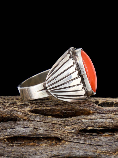 Vintage Native American Sterling Silver Coral Ring, Size 12 - PuebloDirect.com