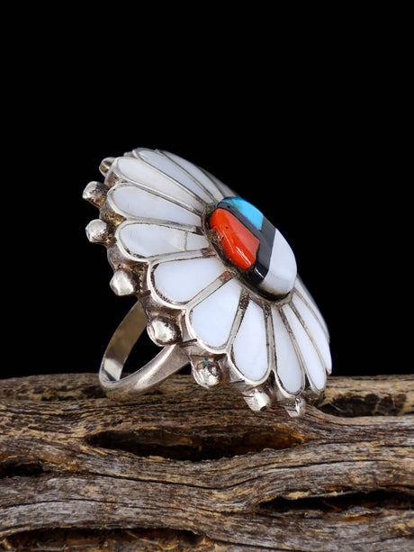 Old Estate Sterling Silver Sunface Zuni Inlay Ring, Size 6 - PuebloDirect.com