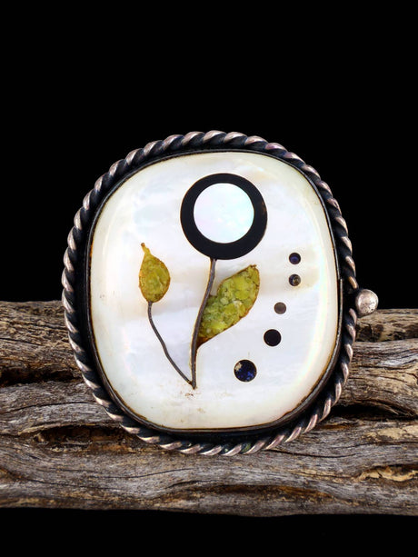 Vintage Native American Sterling Silver Flower Inlay Ring, Size 8 - PuebloDirect.com