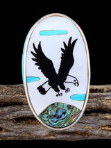 Large Vintage Native Sterling Silver Eagle Inlay Ring, Size 9 1/2 - PuebloDirect.com