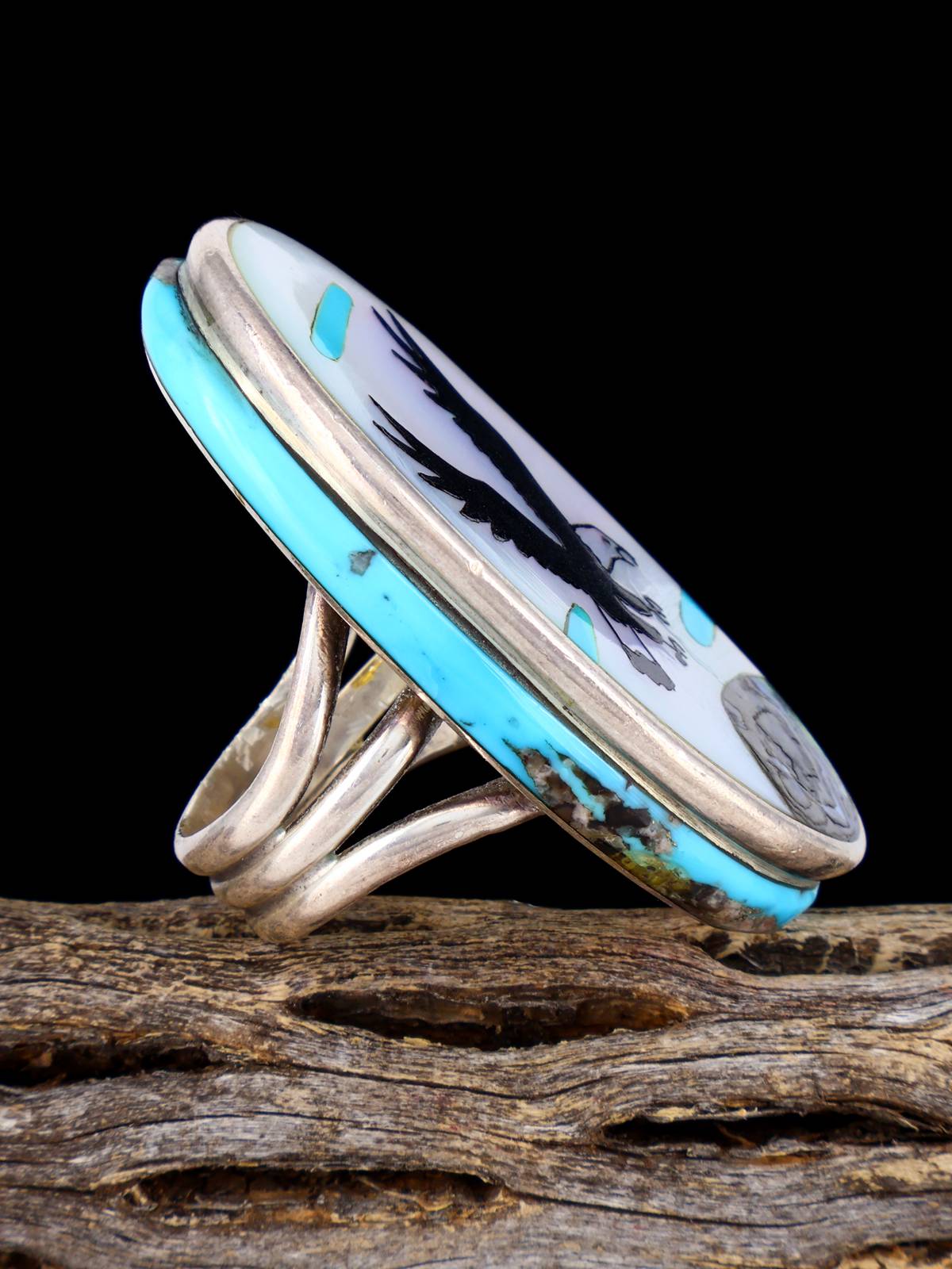 Large Vintage Native Sterling Silver Eagle Inlay Ring, Size 9 1/2 - PuebloDirect.com