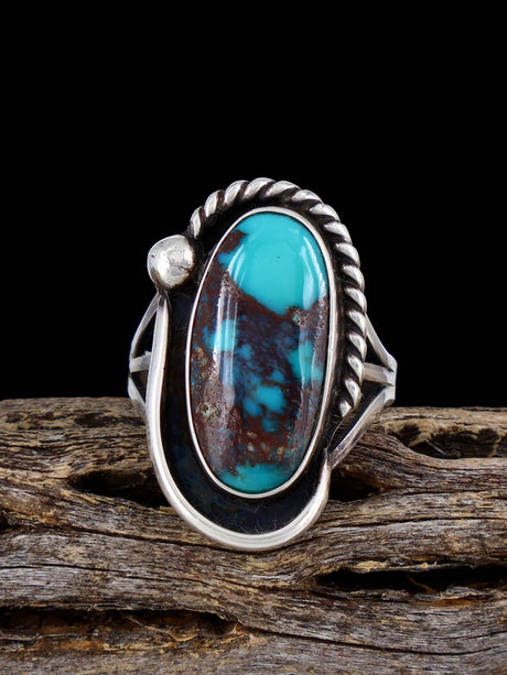 Vintage Native American Sterling Silver Bisbee Turquoise Ring, Size 8 - PuebloDirect.com