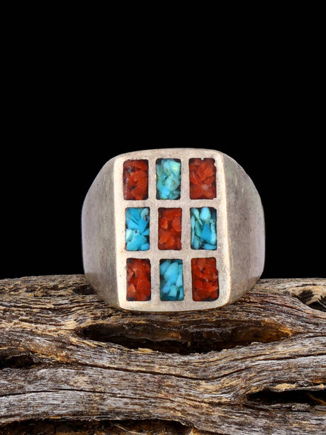 Vintage Native Coral and Turquoise Chip Inlay Sterling Silver Ring, Size 7 1/2 - PuebloDirect.com