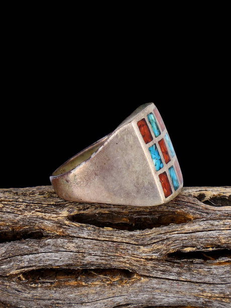 Vintage Native Coral and Turquoise Chip Inlay Sterling Silver Ring, Size 7 1/2 - PuebloDirect.com