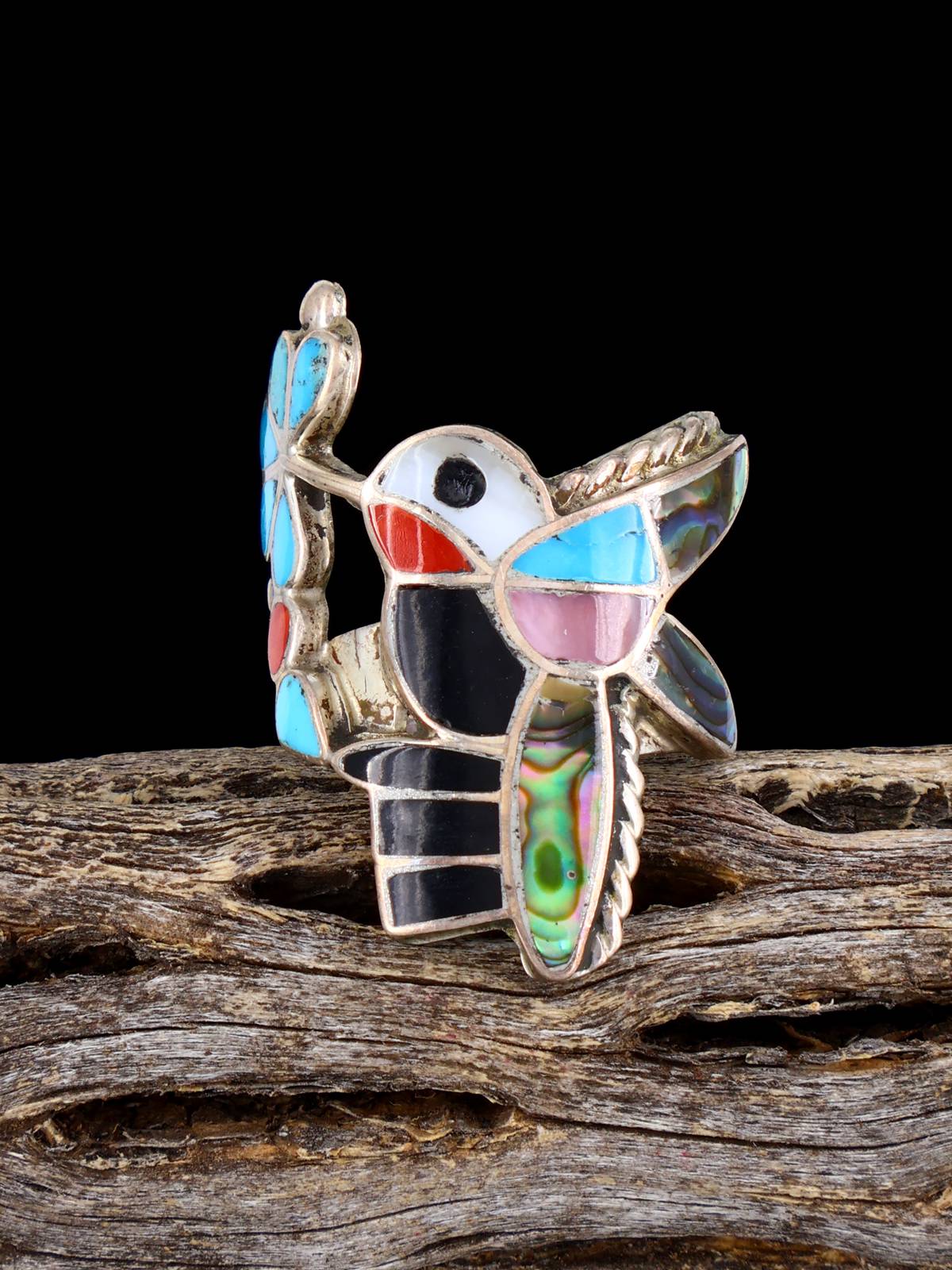 Vintage Native Sterling Silver Multistone Zuni Inlay Hummingbird Ring, Size 6 3/4 - PuebloDirect.com