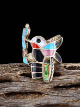 Vintage Native Sterling Silver Multistone Zuni Inlay Hummingbird Ring, Size 6 3/4 - PuebloDirect.com