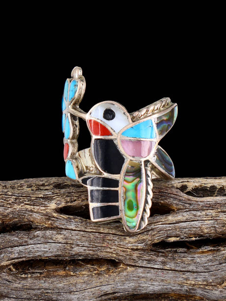 Vintage Native Sterling Silver Multistone Zuni Inlay Hummingbird Ring, Size 6 3/4 - PuebloDirect.com
