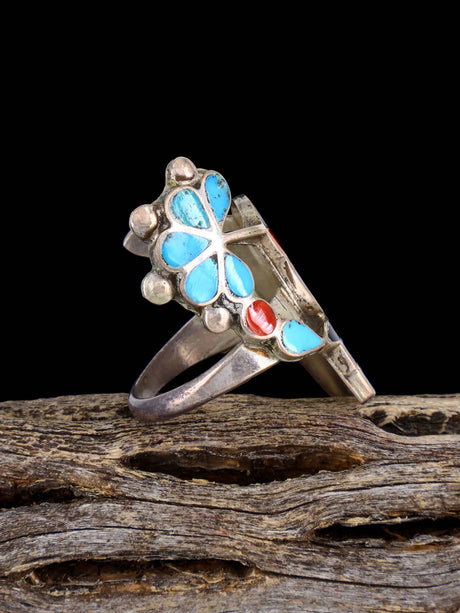 Vintage Native Sterling Silver Multistone Zuni Inlay Hummingbird Ring, Size 6 3/4 - PuebloDirect.com