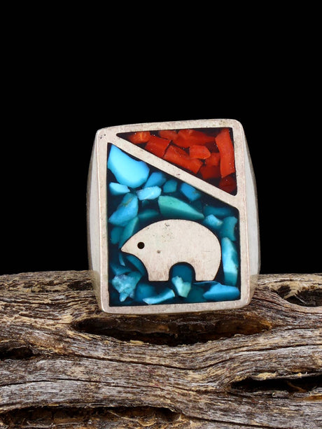 Vintage Native Coral and Turquoise Chip Inlay Sterling Silver Ring, Size 7 1/2 - PuebloDirect.com