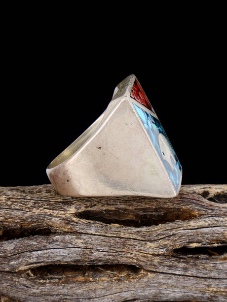 Vintage Native Coral and Turquoise Chip Inlay Sterling Silver Ring, Size 7 1/2 - PuebloDirect.com