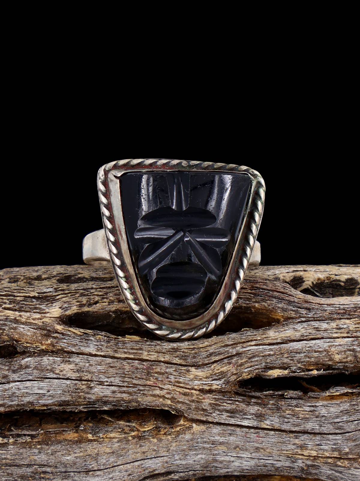 Estate Sterling Silver Carved Jet Ring, Size 6 1/4