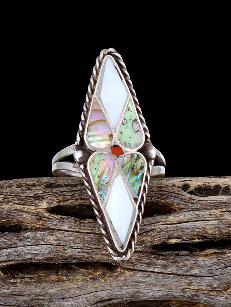 Vintage Native Sterling Silver Multistone Zuni Inlay Ring, Size 8 - PuebloDirect.com