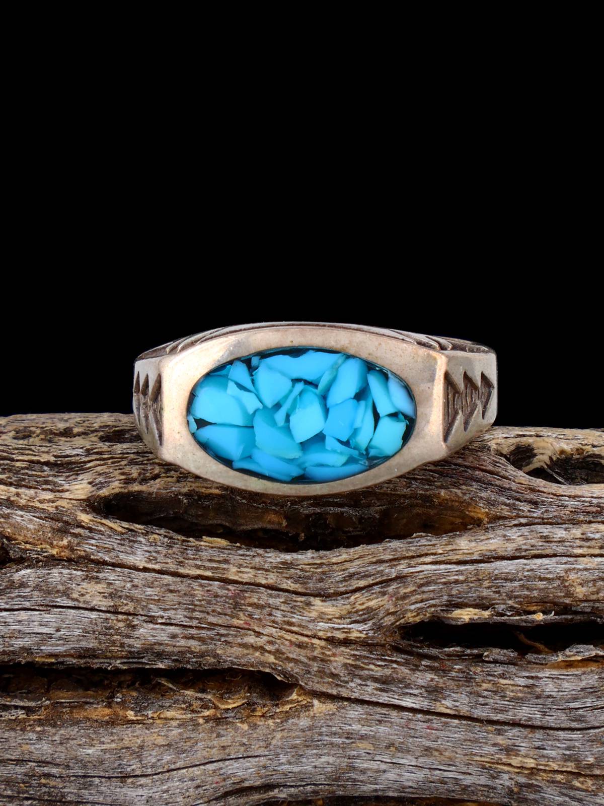 Estate Native Turquoise Chip Inlay Sterling Silver Ring, Size 8 1/4 - PuebloDirect.com