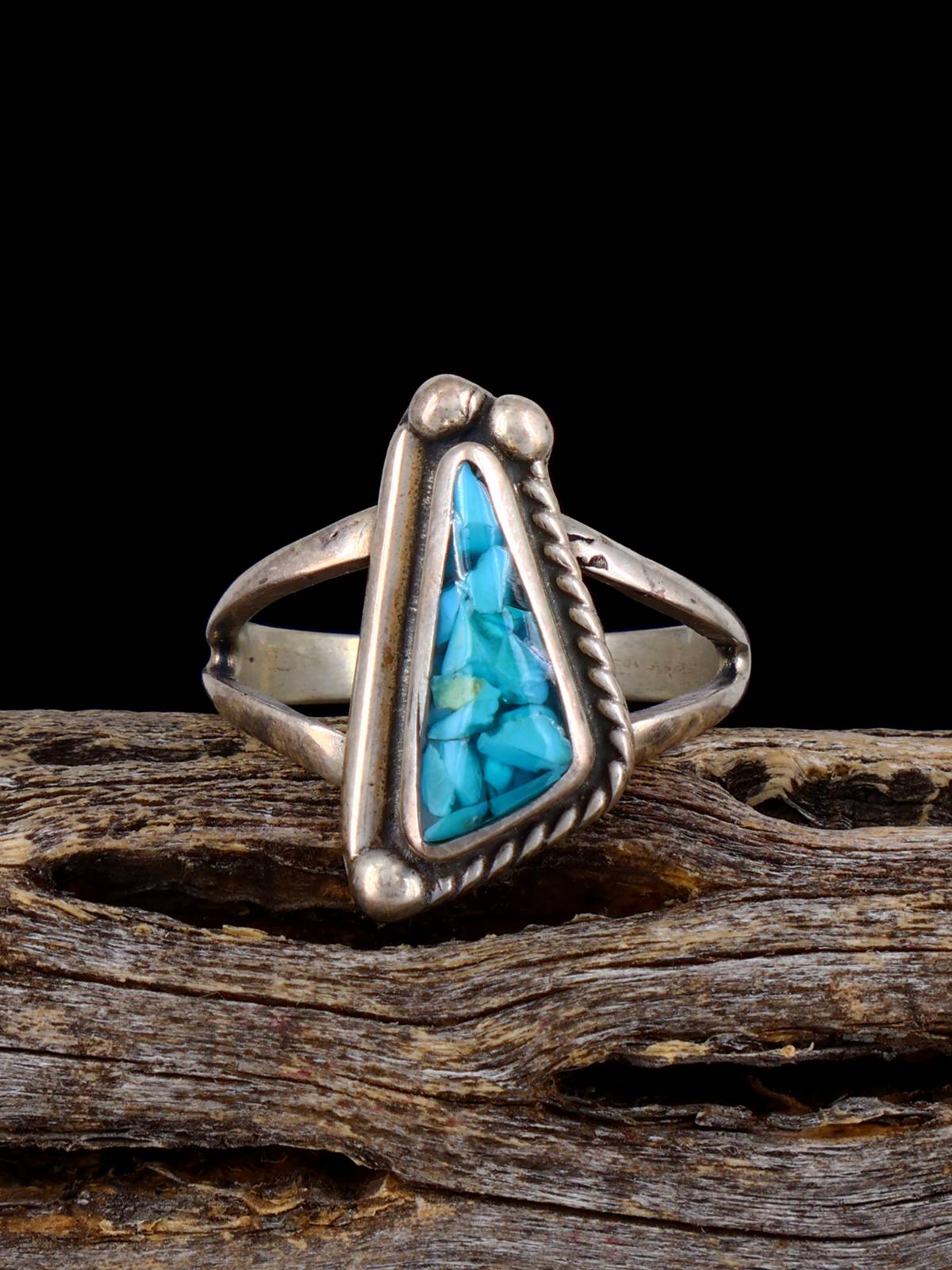 Estate Native Sterling Silver Turquoise Chip Inlay Ring, Size 6 3/4 - PuebloDirect.com