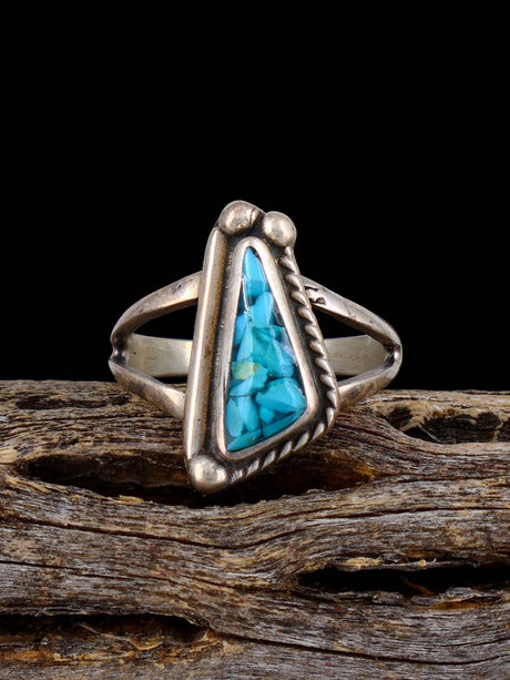 Estate Native Sterling Silver Turquoise Chip Inlay Ring, Size 6 3/4 - PuebloDirect.com