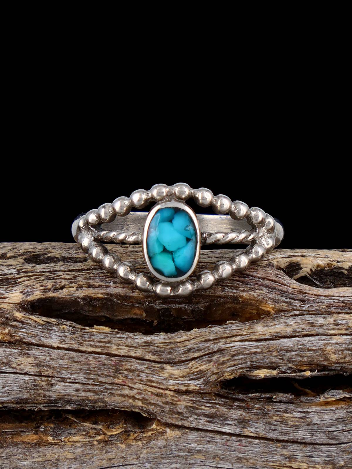 Estate Native Sterling Silver Turquoise Chip Inlay Ring, Size 7 - PuebloDirect.com