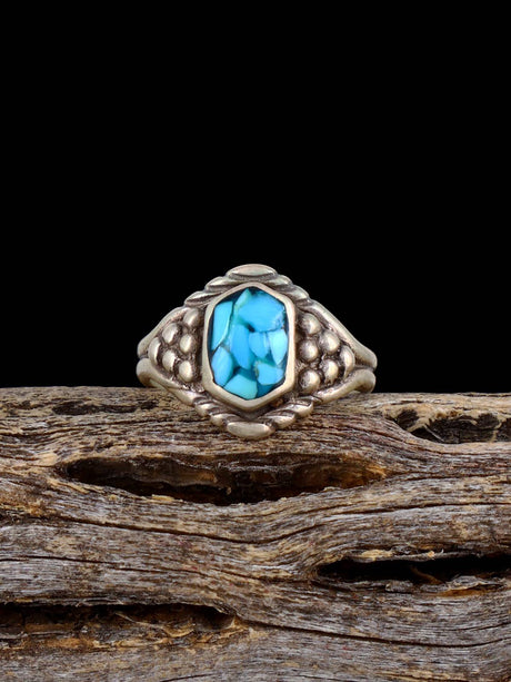 Estate Native Sterling Silver Turquoise Chip Inlay Ring, Size 3 1/2 - PuebloDirect.com