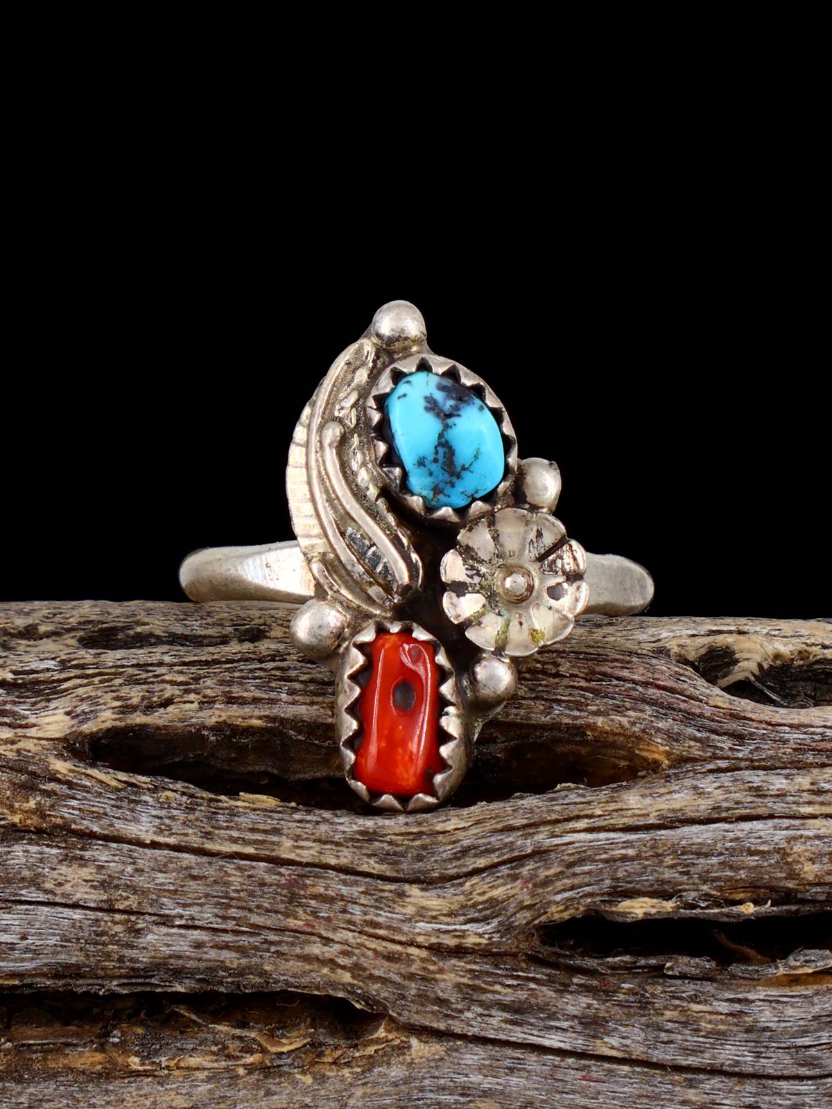 Estate Native Sterling Silver Turquoise and Coral Ring, Size 6 - PuebloDirect.com