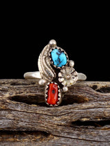 Estate Native Sterling Silver Turquoise and Coral Ring, Size 6 - PuebloDirect.com