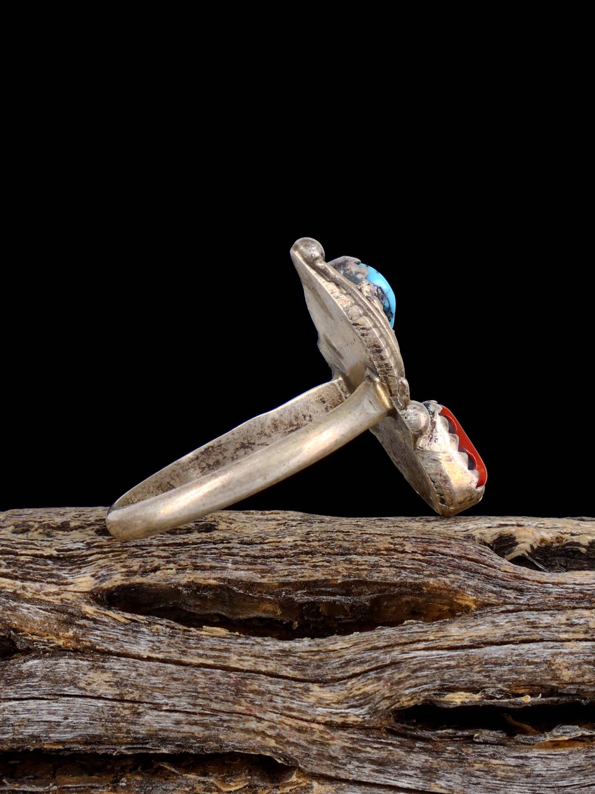 Estate Native Sterling Silver Turquoise and Coral Ring, Size 6 - PuebloDirect.com