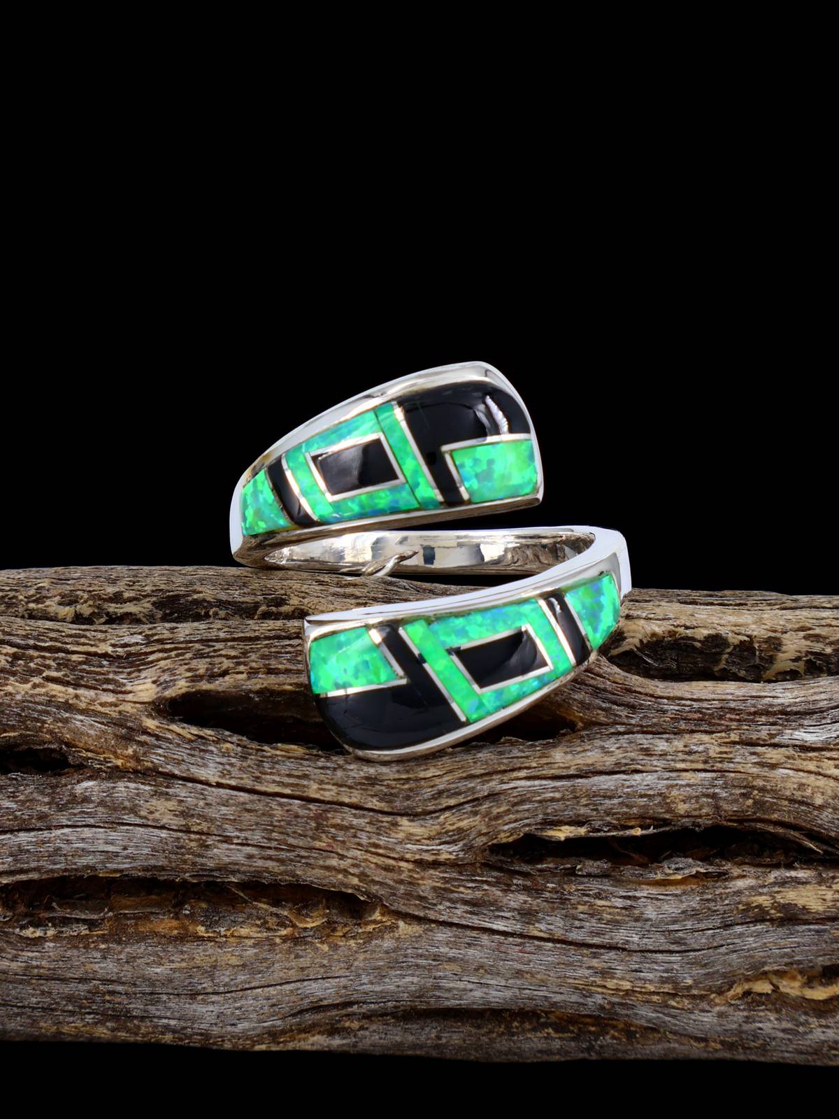 Adjustable Black Jade and Opalite Inlay Ring, Size 7+