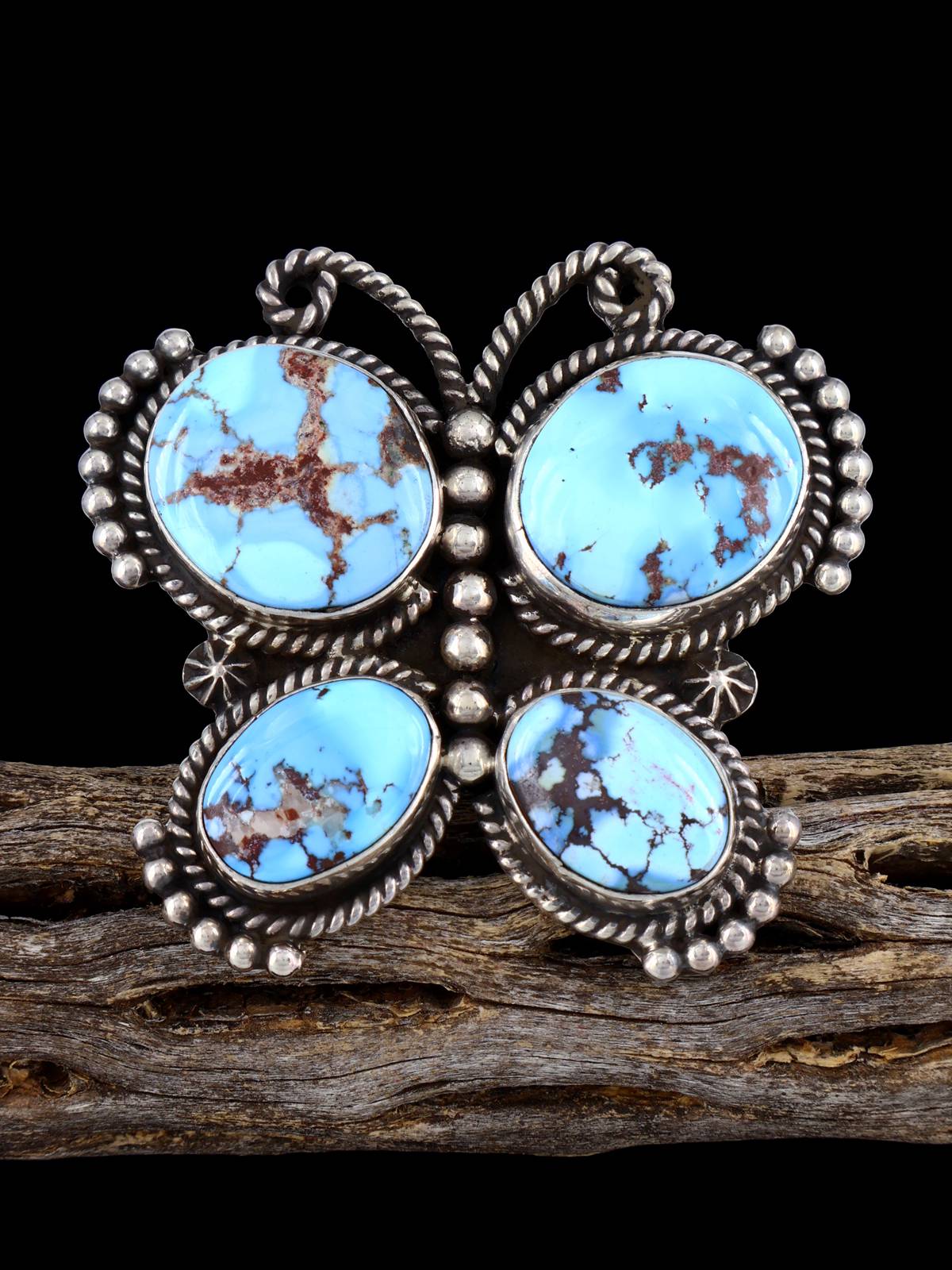 Navajo Golden Hill Turquoise Butterfly Sterling Silver Ring, Size 9 1/2