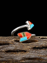 Navajo Turquoise and Spiny Oyster Inlay Arrow Ring, Adjustable