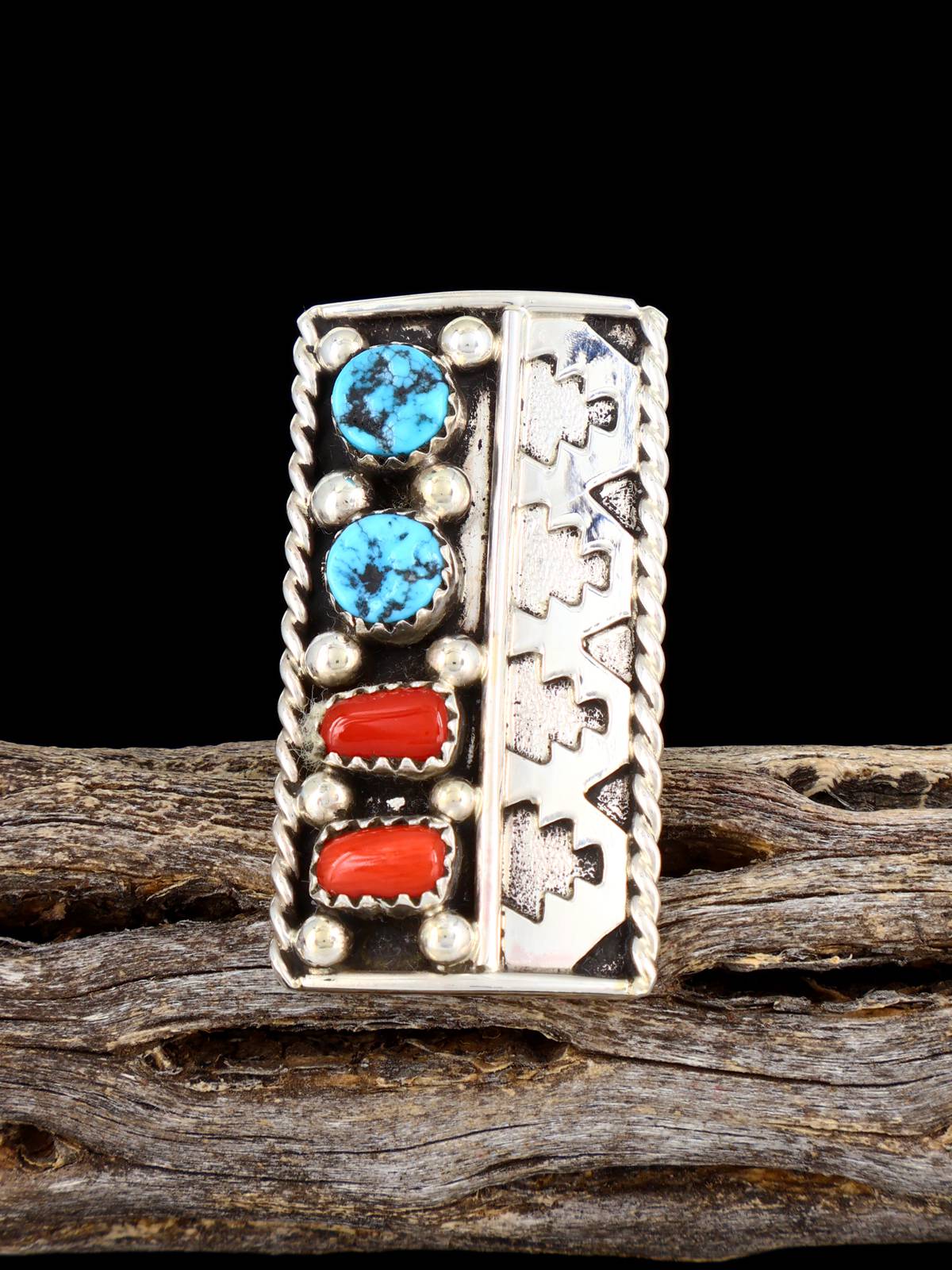Navajo Turquoise and Coral Ring, Size 6 1/2