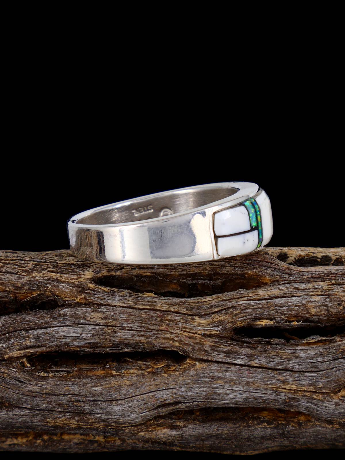 Navajo White Buffalo Inlay Ring, Size 9