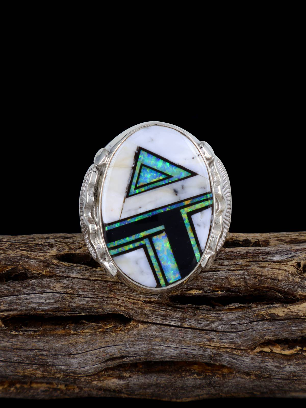 Navajo White Buffalo Inlay Ring, Size 11 1/2